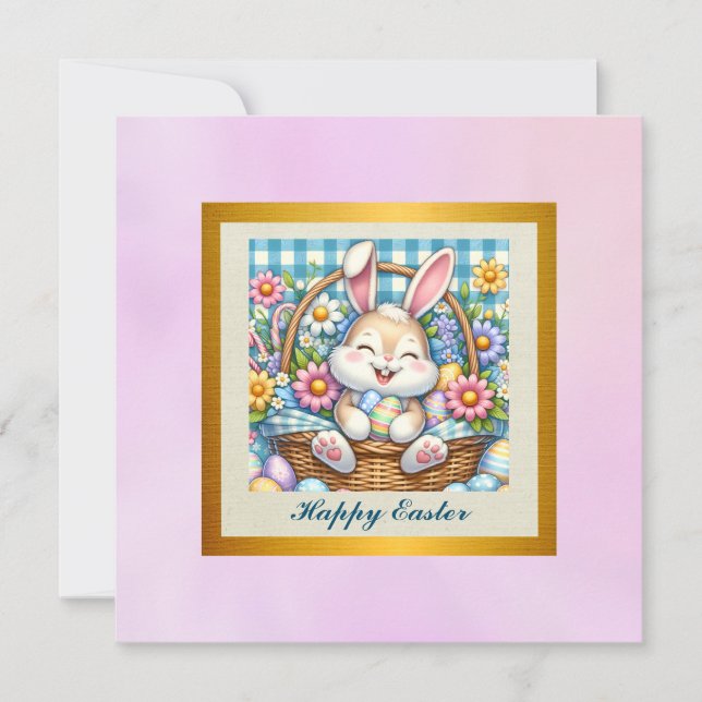 Happy Easter With Cute Bunny, Eggs, and Floral Invitation (Front)