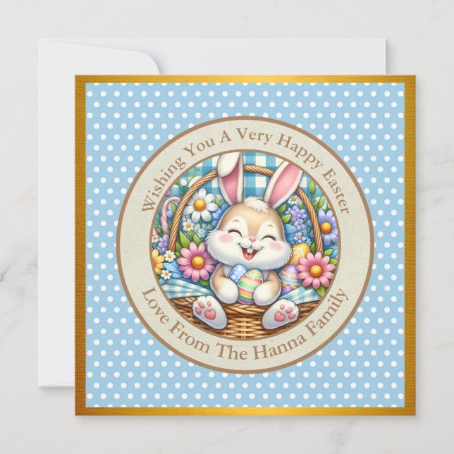 Happy Easter With Cute Bunny, Eggs, and Floral Invitation (Front)