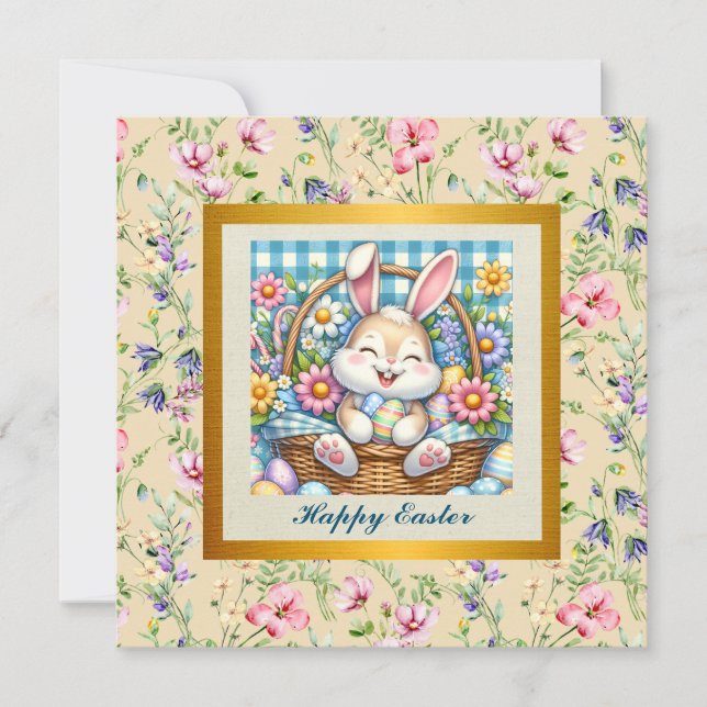 Happy Easter With Cute Bunny, Eggs, and Floral Invitation (Front)