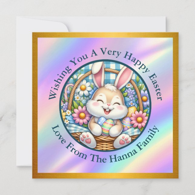 Happy Easter With Cute Bunny, Eggs, and Floral Invitation (Front)
