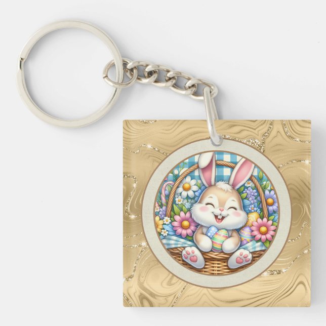Happy Easter With Cute Bunny, Eggs, and Floral Key Ring (Front)