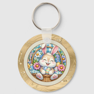 Happy Easter With Cute Bunny, Eggs, and Floral Key Ring
