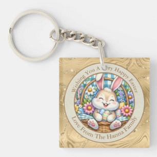 Happy Easter With Cute Bunny, Eggs, and Floral Key Ring