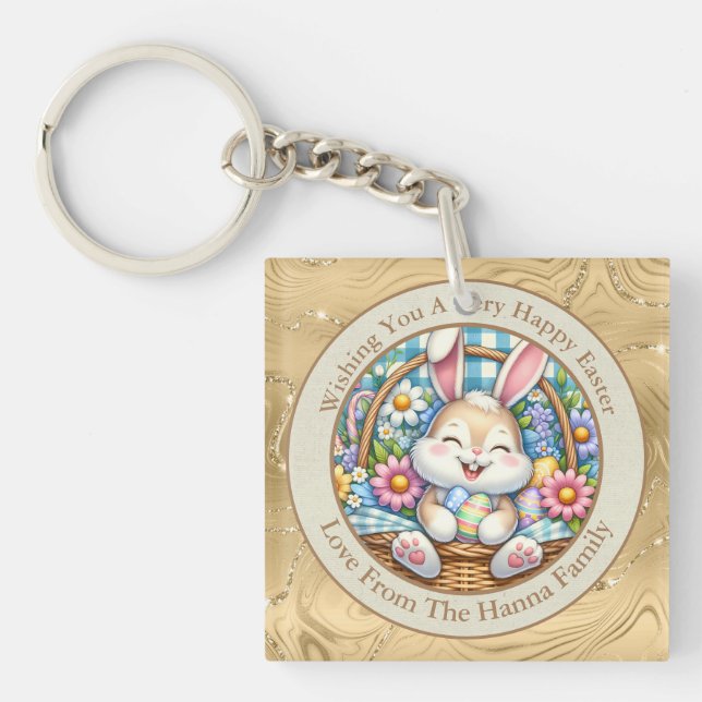 Happy Easter With Cute Bunny, Eggs, and Floral Key Ring (Front)
