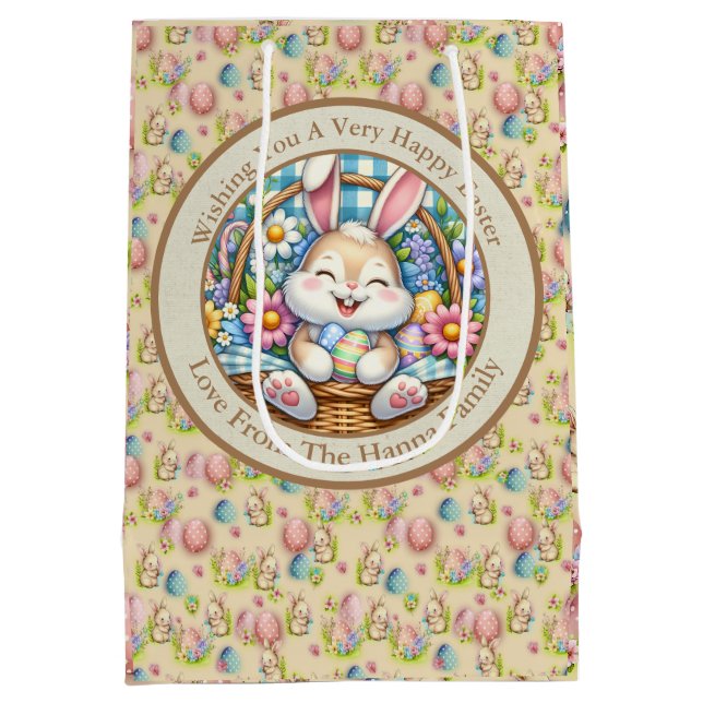 Happy Easter With Cute Bunny, Eggs, and Floral Medium Gift Bag (Back)