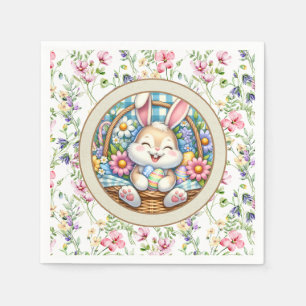 Happy Easter With Cute Bunny, Eggs, and Floral Napkin