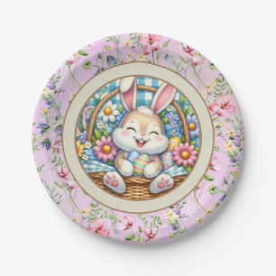 Happy Easter With Cute Bunny, Eggs, and Floral Paper Plate