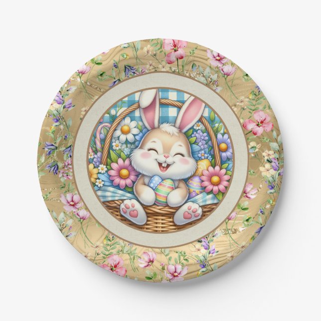 Happy Easter With Cute Bunny, Eggs, and Floral Paper Plate (Front)