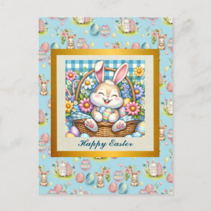 Happy Easter With Cute Bunny, Eggs, and Floral Postcard