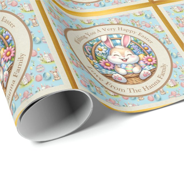 Happy Easter With Cute Bunny, Eggs, and Floral Wrapping Paper (Roll Corner)