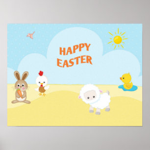 Happy Easter with Cute Farm Animals Poster
