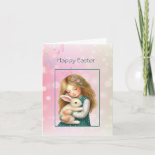 Happy Easter with Cute Girl and Bunny Card
