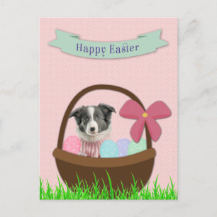 Happy Easter with Dog in Easter Basket Postcard