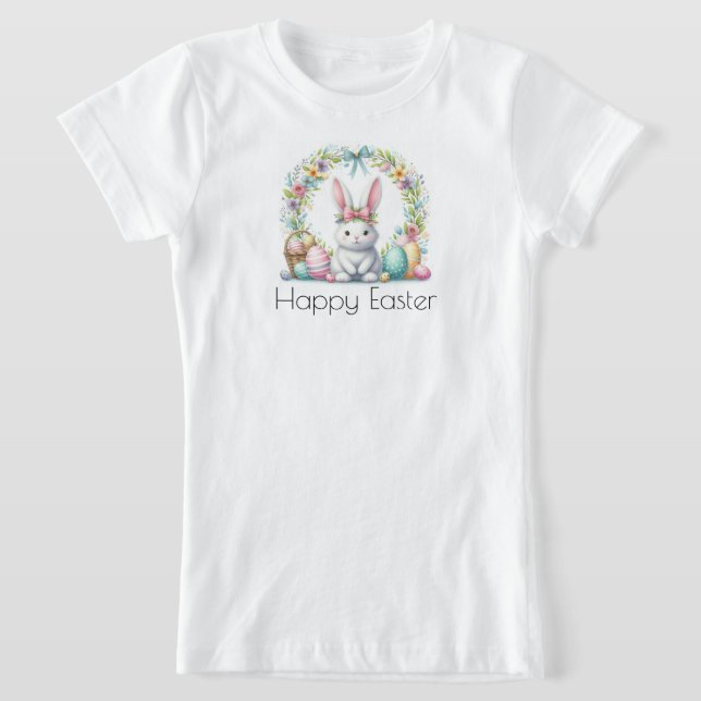 Happy Easter with Easter Bunny and Flowers T-Shirt (Laydown)