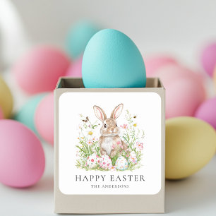 Happy Easter with Family Name  Cute Bunny  Square Sticker