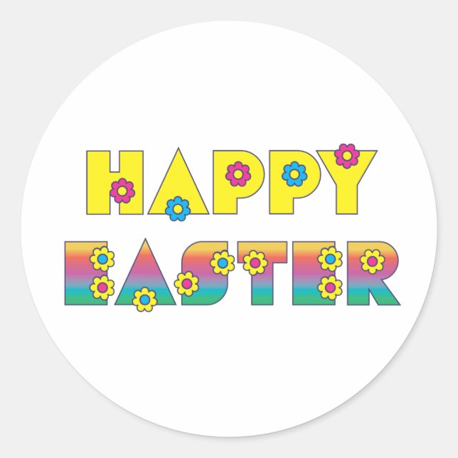 Happy Easter with Flowers Classic Round Sticker (Front)