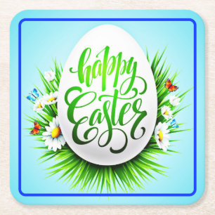 Happy Easter with Spring Flowers-23180 Square Paper Coaster