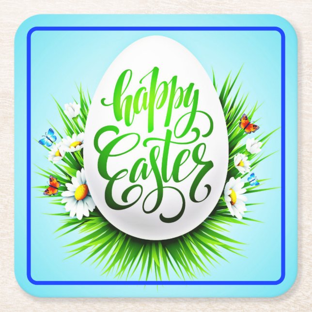 Happy Easter with Spring Flowers-23180 Square Paper Coaster (Front)