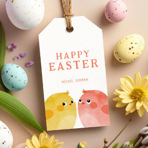 Happy Easter with two Chickens in Yellow and Pink Gift Tags