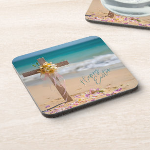 Happy Easter Wooden Cross and Lilies on Beach Coaster
