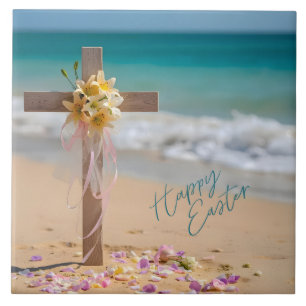 Happy Easter Wooden Cross and Lilies on Beach Tile