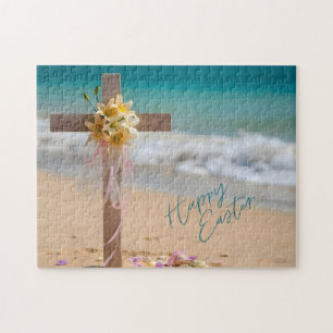 Happy Easter Wooden Cross with Lilies on Beach Jigsaw Puzzle