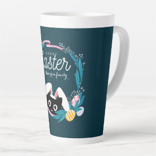 Happy Easter Wreath, Black Cat with bunny ears Latte Mug