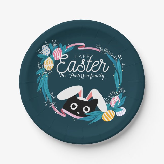 Happy Easter Wreath, Black Cat with bunny ears Paper Plate (Front)