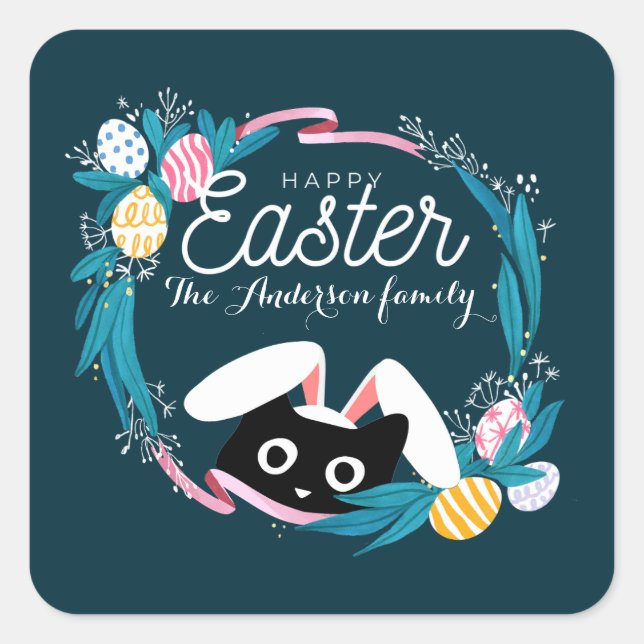 Happy Easter Wreath, Black Cat with bunny ears Square Sticker (Front)