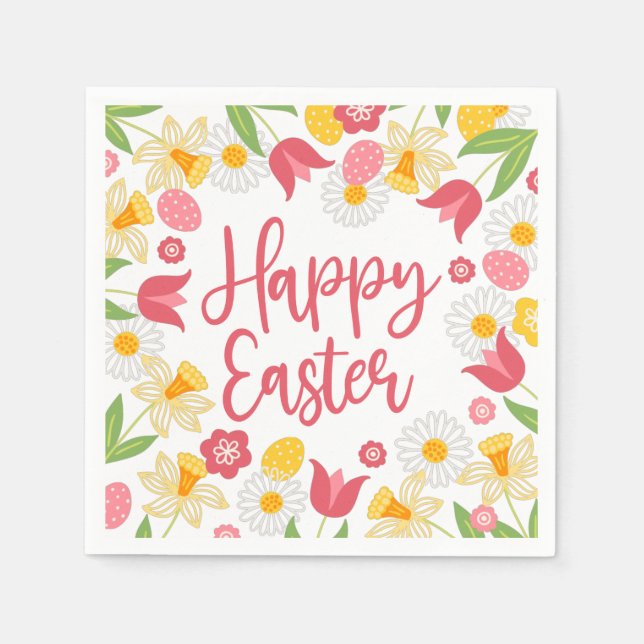 Happy Easter | Yellow and Red Floral  Napkin (Front)