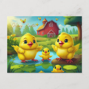 Happy Easter Yellow Chicks in a Pond by a Red Barn Postcard