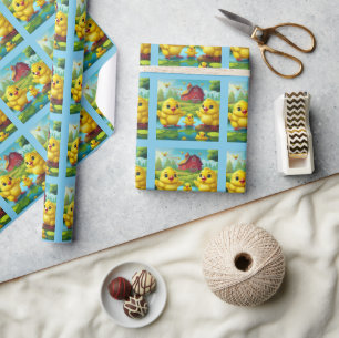 Happy Easter Yellow Chicks in a Pond by a Red Barn Wrapping Paper
