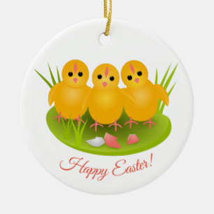 Happy Easter yellow chicks on green grass Ceramic Tree Decoration