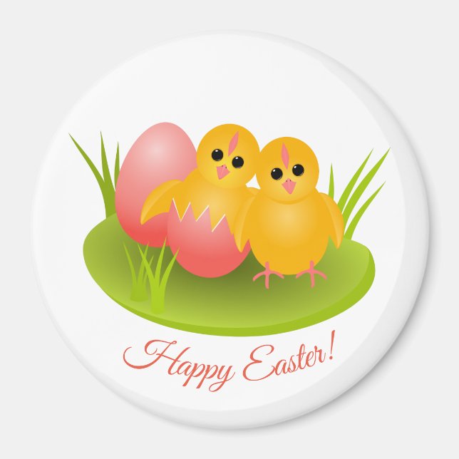 Happy Easter yellow chicks on green grass Magnet (Front)