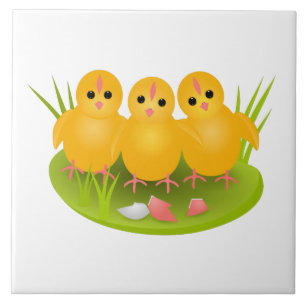 Happy Easter yellow chicks on green grass Tile