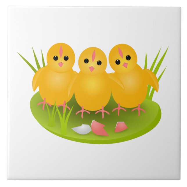 Happy Easter yellow chicks on green grass Tile (Front)