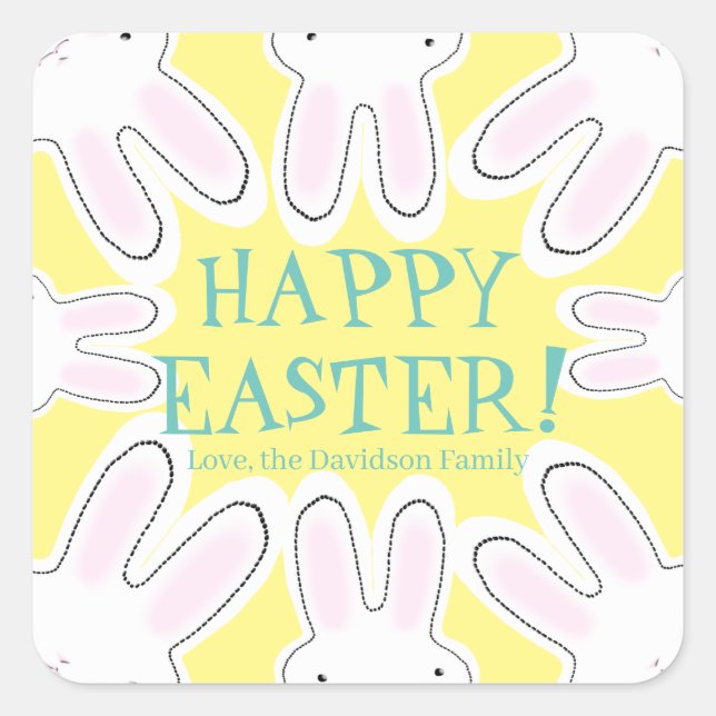 Happy Easter yellow custom text cute bunnies Square Sticker (Front)