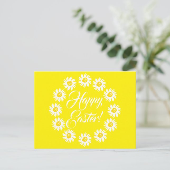 Happy Easter yellow cute daisies frame script text Holiday Postcard (Standing Front)