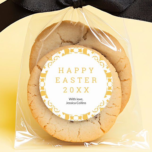 Happy Easter Yellow Elegant Floral Pattern Custom Classic Round Sticker (Happy Easter Yellow Elegant Floral Pattern Custom Classic Round Sticker)