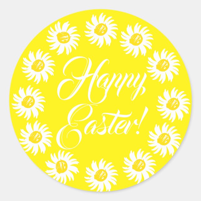 Happy Easter yellow script cute daisy cheerful  Classic Round Sticker (Front)