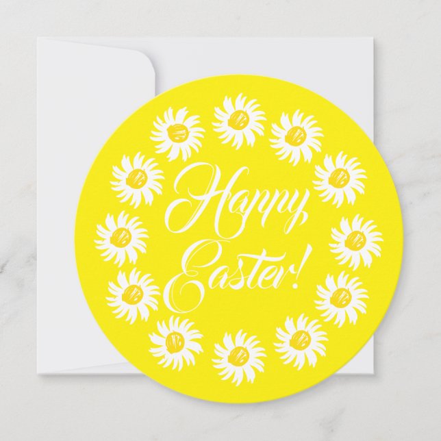 Happy Easter yellow script cute daisy cheerful fun Holiday Card (Front)