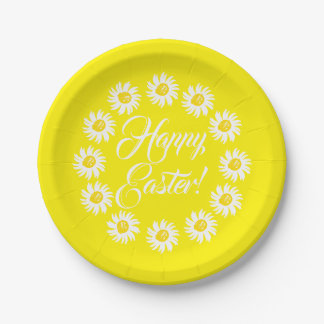 Happy Easter yellow script cute daisy cheerful fun Paper Plate