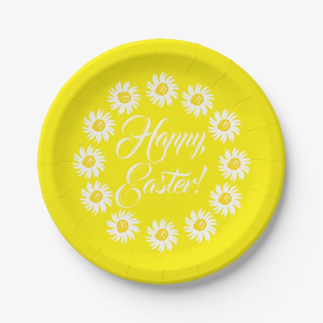Happy Easter yellow script cute daisy cheerful fun Paper Plate (Front)