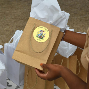 Happy Easter Yellow Vintage Watercolor Bunny Eggs Classic Round Sticker