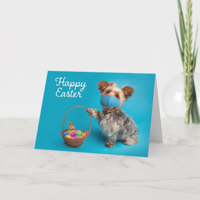 Happy Easter Yorkie Dog in Face Mask With Basket Holiday Card (Front)