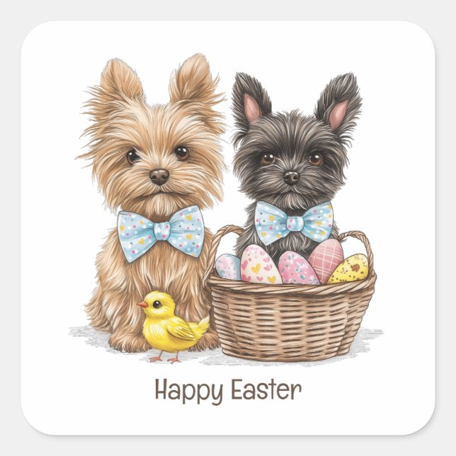 Happy Easter Yorkshire Terrier Dogs Square Sticker (Front)