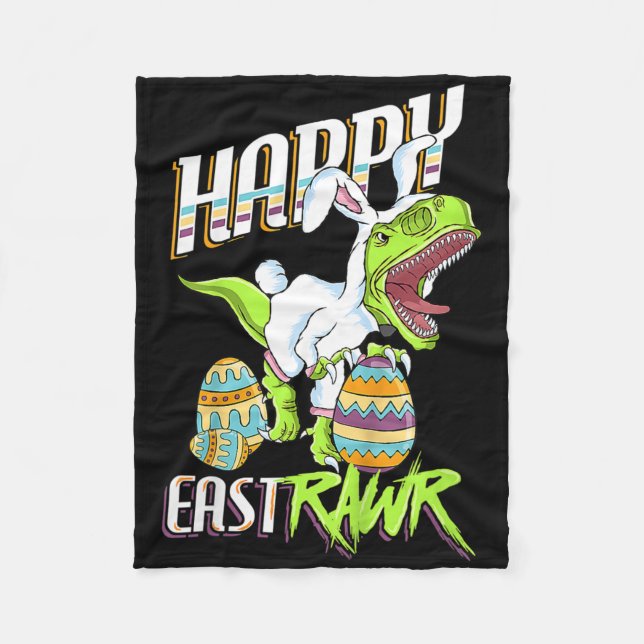 Happy Eastrawr Cute Trex Dinosaur Easter Bunny Egg Fleece Blanket (Front)