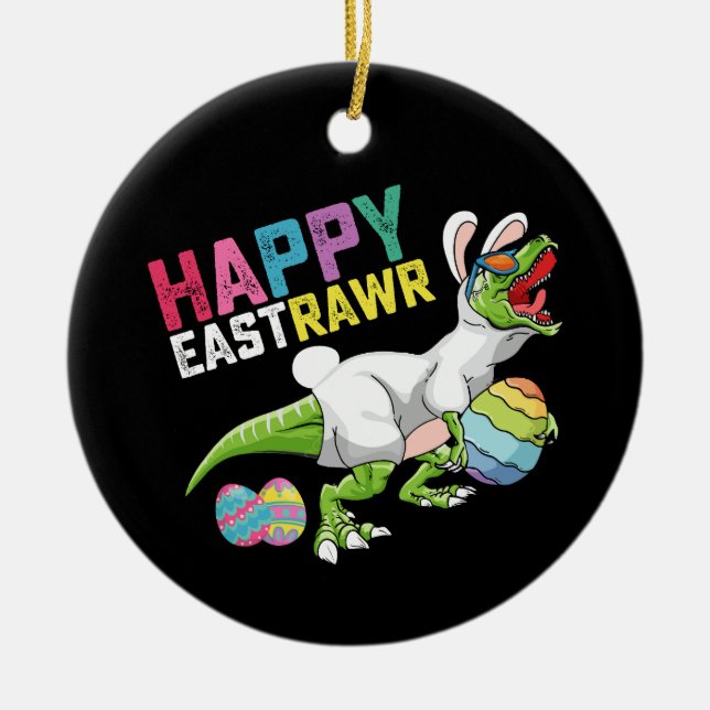 Happy Eastrawr T Rex Dinosaur Easter Bunny Egg Ceramic Tree Decoration (Front)