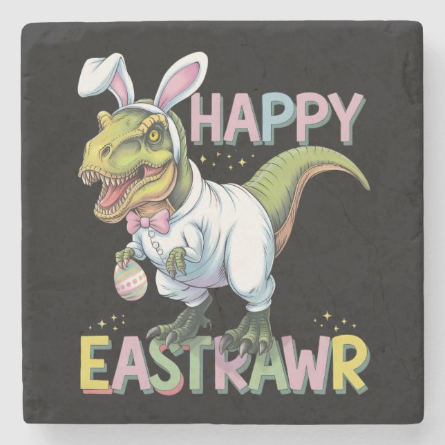 Happy Eastrawr T Rex Easter Dinosaur Bunny Egg Stone Coaster (Front)