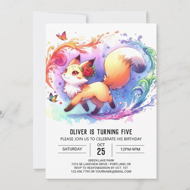  Happy Editable Fox Birthday Invitation (Front)